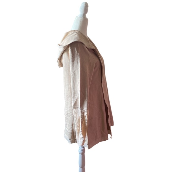 Lori Goldstein Logo 100% Cotton Bohemian Layered Tan Hooded Cardigan w/ Pockets - Picture 2 of 7